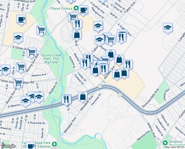 map of restaurants, bars, coffee shops, grocery stores, and more near 5263 Montour Street in Philadelphia