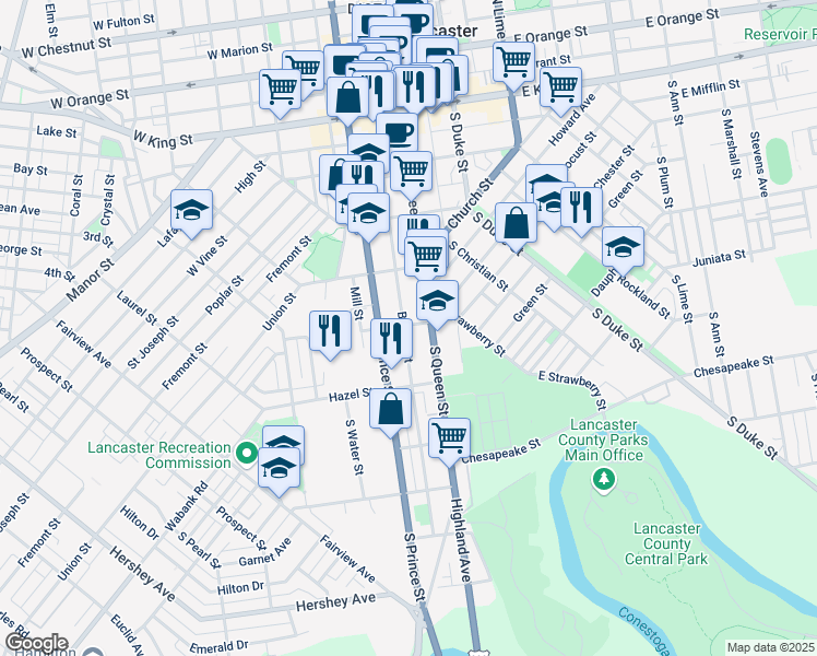 map of restaurants, bars, coffee shops, grocery stores, and more near 403 Beaver Street in Lancaster