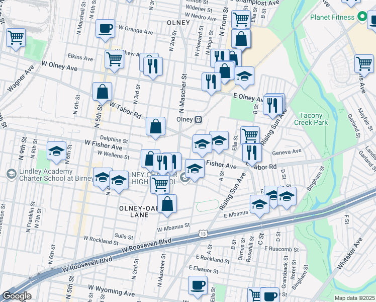 map of restaurants, bars, coffee shops, grocery stores, and more near 122 Delphine Street in Philadelphia