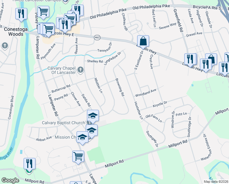 map of restaurants, bars, coffee shops, grocery stores, and more near 235 Longfellow Drive in Lancaster