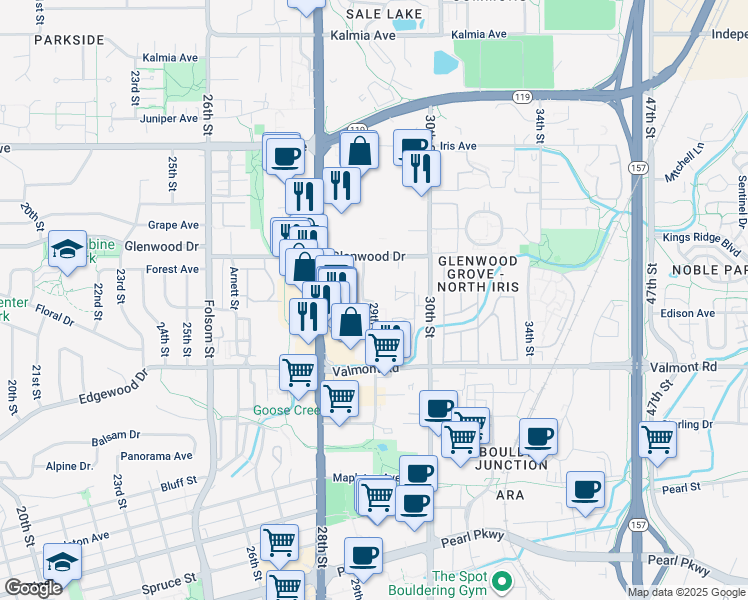 map of restaurants, bars, coffee shops, grocery stores, and more near 3148 29th Street in Boulder