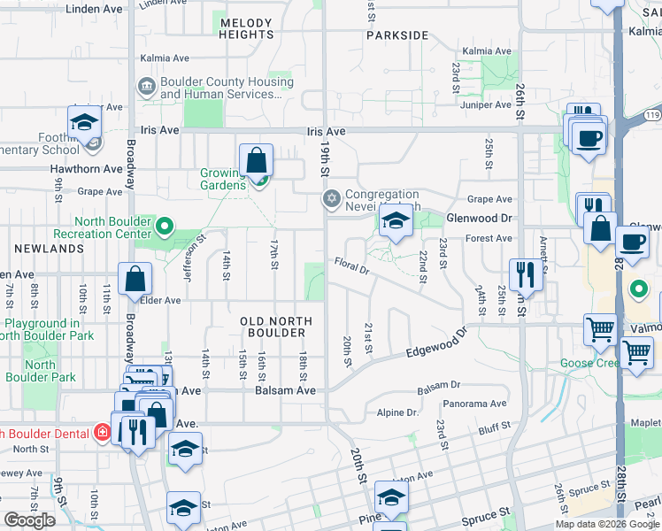 map of restaurants, bars, coffee shops, grocery stores, and more near 3105 Fern Place in Boulder