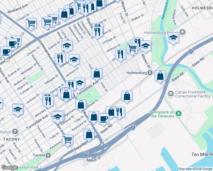 map of restaurants, bars, coffee shops, grocery stores, and more near 4726 Oakmont Street in Philadelphia