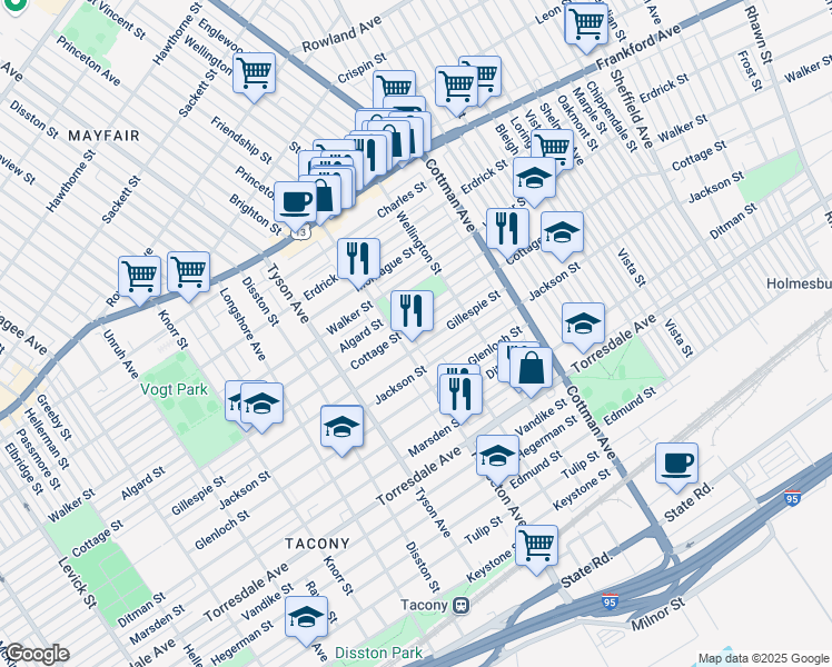 map of restaurants, bars, coffee shops, grocery stores, and more near 7138 Cottage Street in Philadelphia