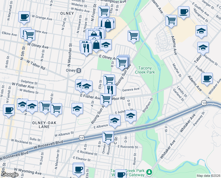 map of restaurants, bars, coffee shops, grocery stores, and more near 5402 B Street in Philadelphia