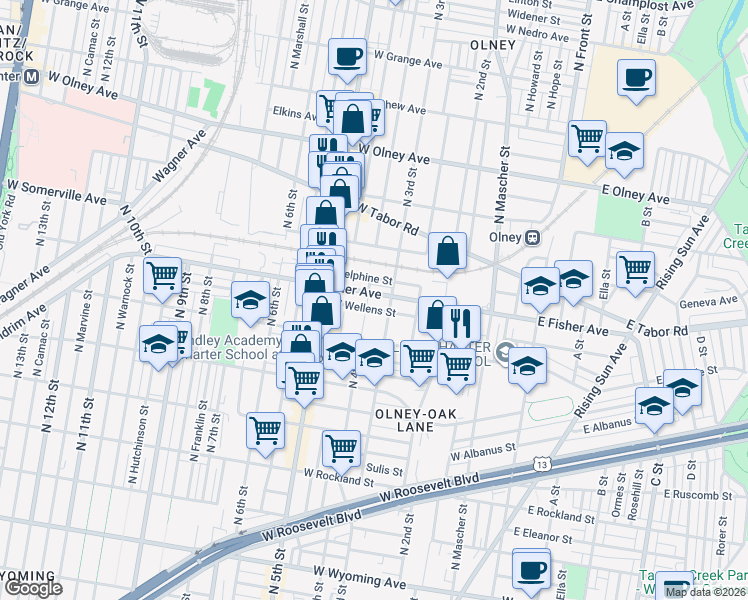 map of restaurants, bars, coffee shops, grocery stores, and more near in Philadelphia