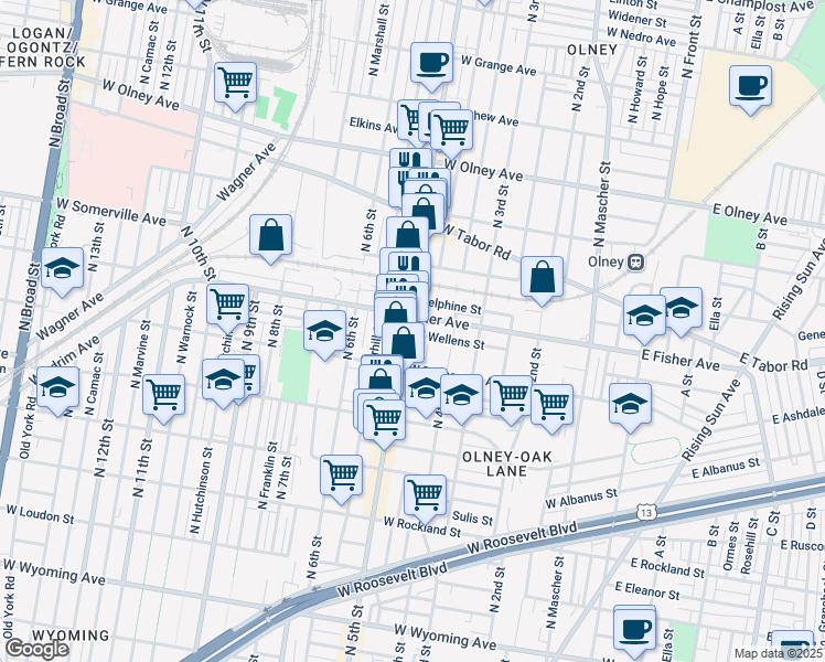 map of restaurants, bars, coffee shops, grocery stores, and more near 515 West Fisher Avenue in Philadelphia