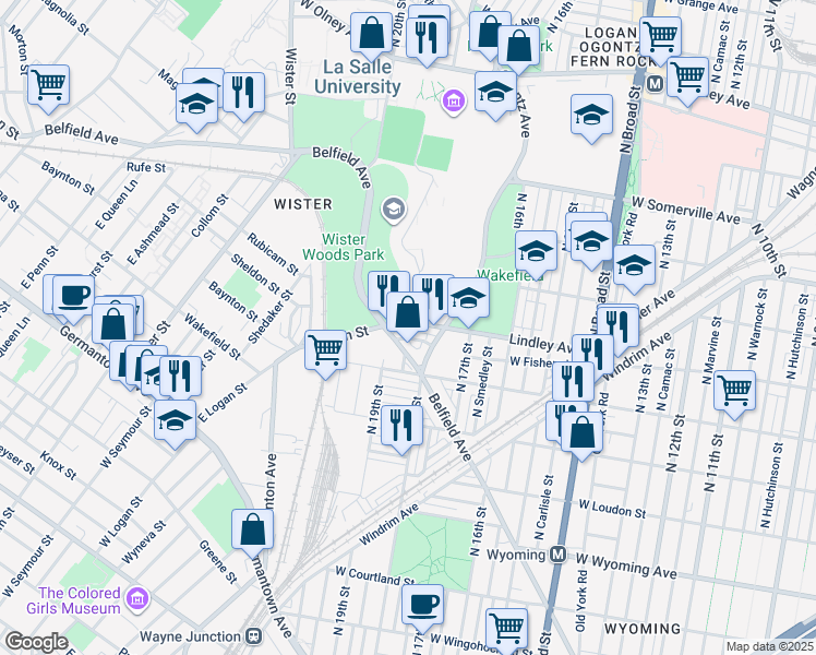 map of restaurants, bars, coffee shops, grocery stores, and more near 1840 Lindley Avenue in Philadelphia