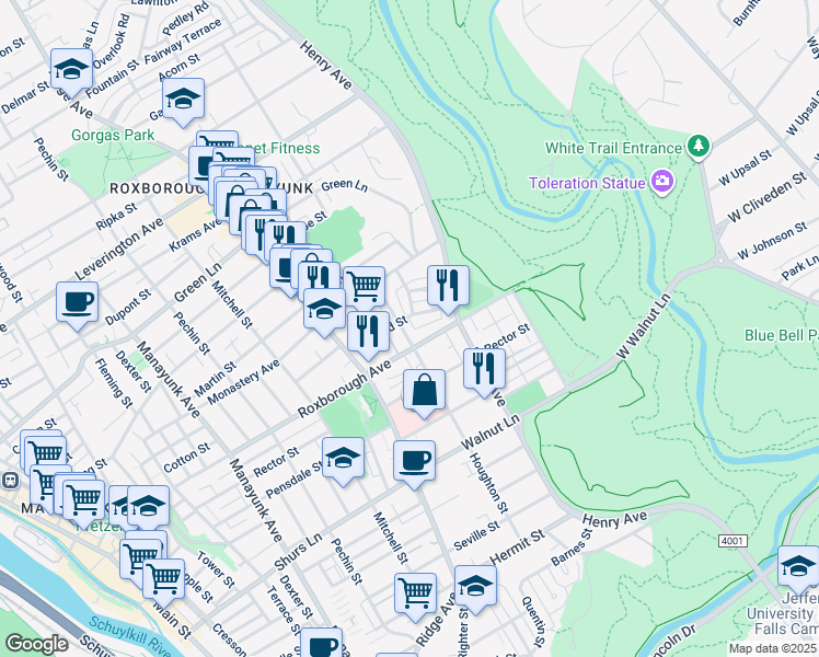 map of restaurants, bars, coffee shops, grocery stores, and more near 5928 Houghton Street in Philadelphia