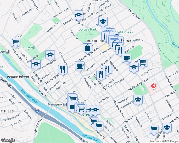 map of restaurants, bars, coffee shops, grocery stores, and more near 386 Dupont Street in Philadelphia