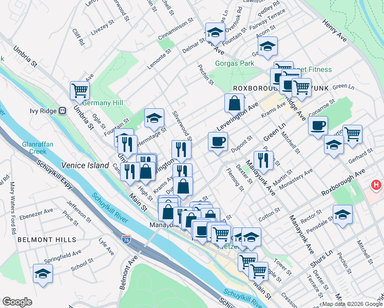 map of restaurants, bars, coffee shops, grocery stores, and more near 296 Leverington Avenue in Philadelphia