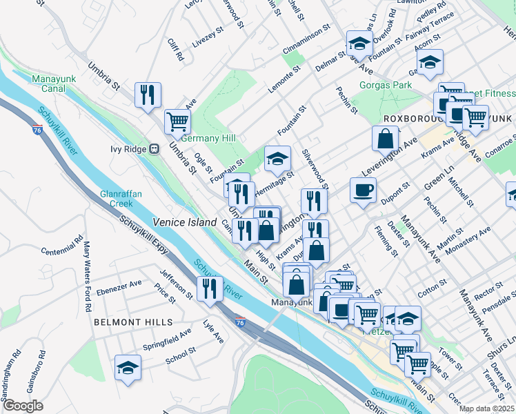 map of restaurants, bars, coffee shops, grocery stores, and more near 4618 Saint Davids Street in Philadelphia