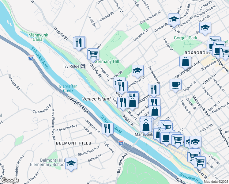 map of restaurants, bars, coffee shops, grocery stores, and more near in Philadelphia