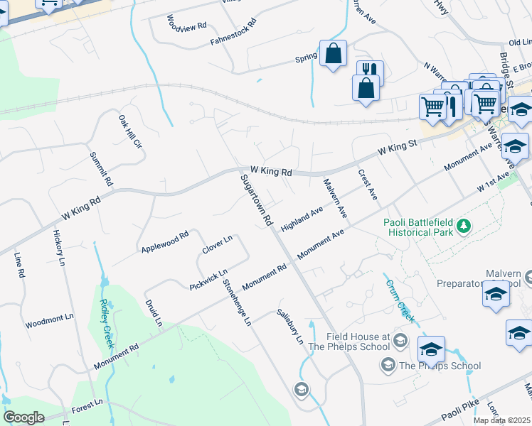 map of restaurants, bars, coffee shops, grocery stores, and more near 402 Raintree Lane in Malvern