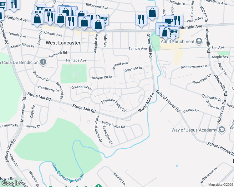 map of restaurants, bars, coffee shops, grocery stores, and more near 203 Bridlewood Court South in Lancaster
