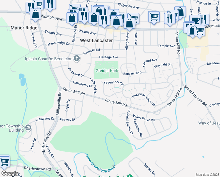 map of restaurants, bars, coffee shops, grocery stores, and more near 106 Greenbriar Circle in Lancaster