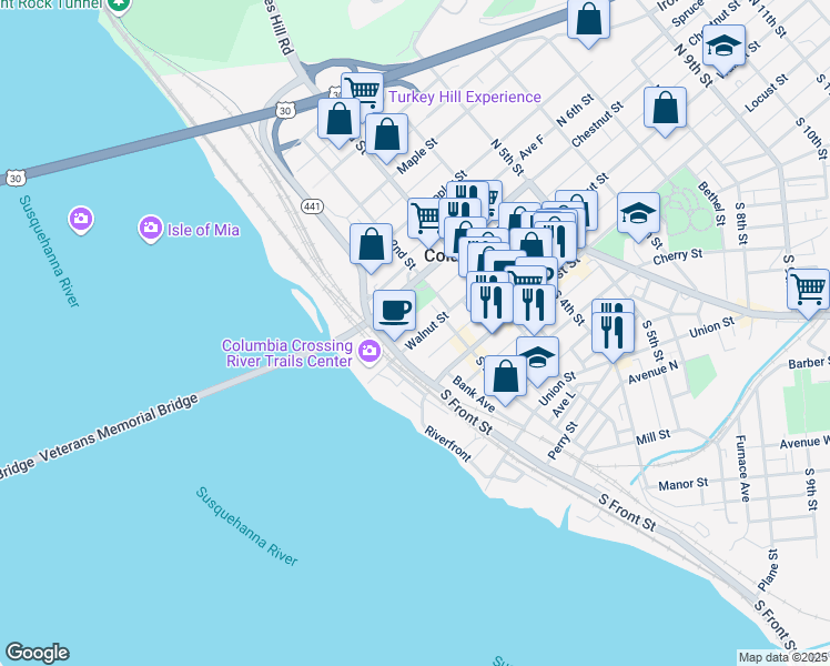map of restaurants, bars, coffee shops, grocery stores, and more near 147 Walnut Street in Columbia