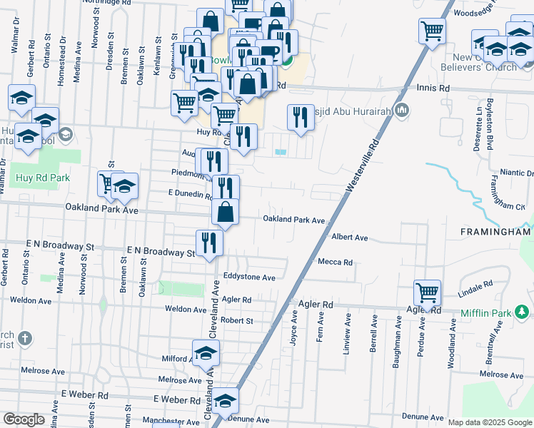map of restaurants, bars, coffee shops, grocery stores, and more near 1950 Oakland Park Avenue in Columbus