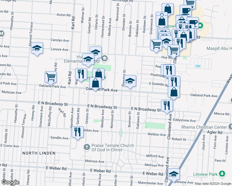 map of restaurants, bars, coffee shops, grocery stores, and more near 3191 Dresden Street in Columbus