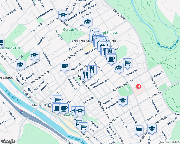 map of restaurants, bars, coffee shops, grocery stores, and more near 403 Conarroe Street in Philadelphia