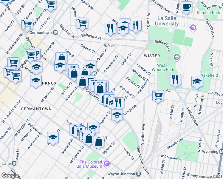 map of restaurants, bars, coffee shops, grocery stores, and more near 69 East Wister Street in Philadelphia