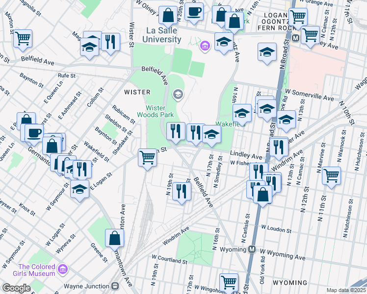 map of restaurants, bars, coffee shops, grocery stores, and more near 1844 Lindley Avenue in Philadelphia