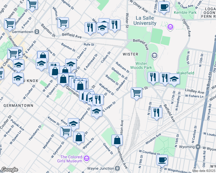 map of restaurants, bars, coffee shops, grocery stores, and more near 4967 Wakefield Street in Philadelphia