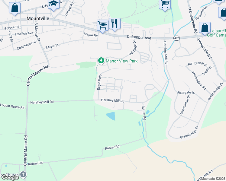 map of restaurants, bars, coffee shops, grocery stores, and more near 118 Timber Drive in Mountville