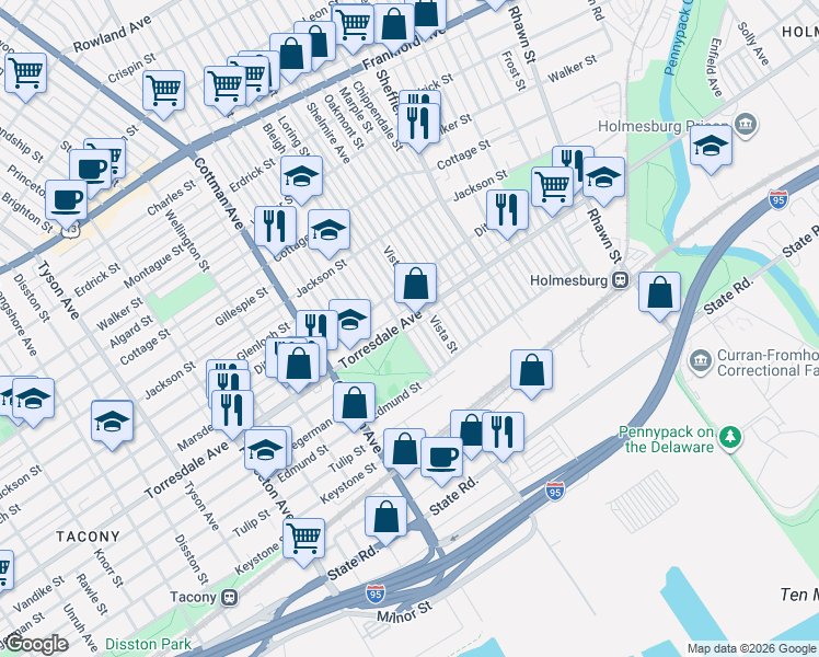 map of restaurants, bars, coffee shops, grocery stores, and more near in Philadelphia
