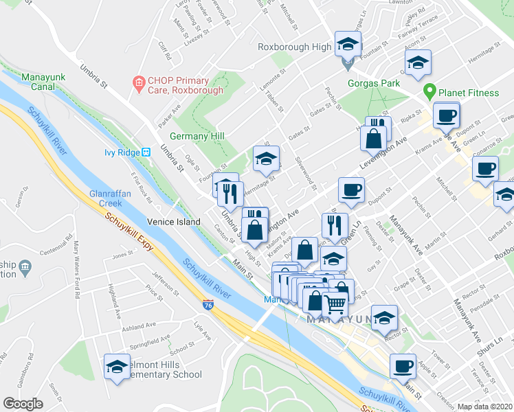 map of restaurants, bars, coffee shops, grocery stores, and more near 4652 Mansion Street in Philadelphia