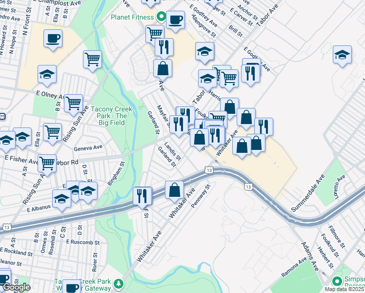 map of restaurants, bars, coffee shops, grocery stores, and more near 5239 Howland Street in Philadelphia