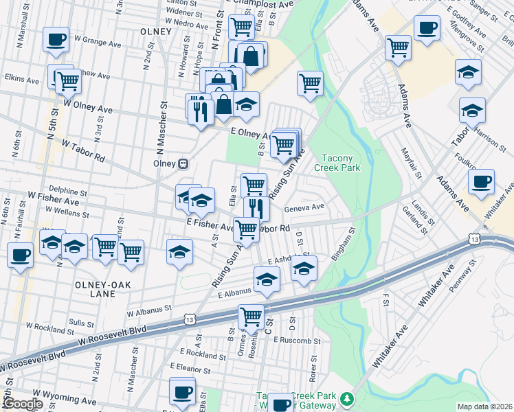 map of restaurants, bars, coffee shops, grocery stores, and more near 5402 B Street in Philadelphia