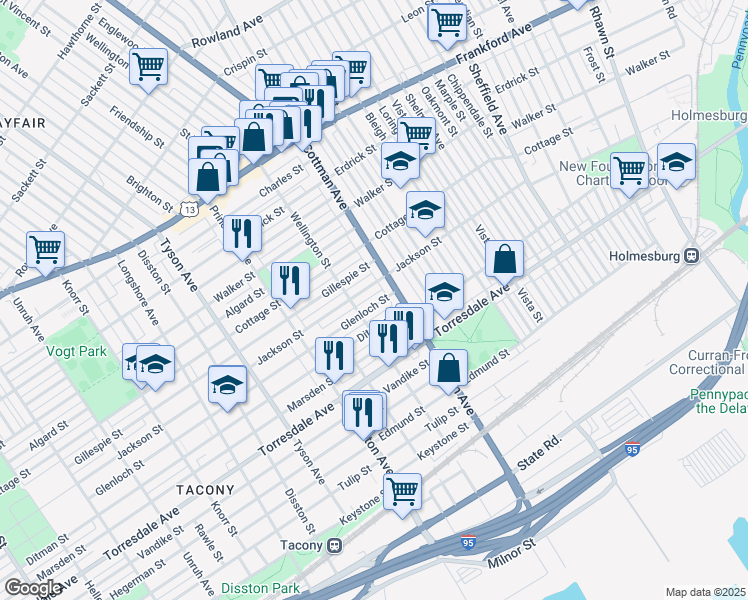 map of restaurants, bars, coffee shops, grocery stores, and more near 7224 Glenloch Street in Philadelphia