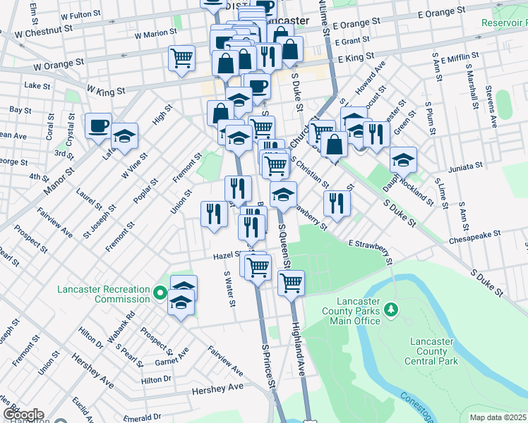 map of restaurants, bars, coffee shops, grocery stores, and more near 401 Beaver Street in Lancaster