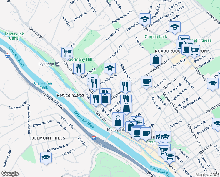map of restaurants, bars, coffee shops, grocery stores, and more near 4627 Mansion Street in Philadelphia