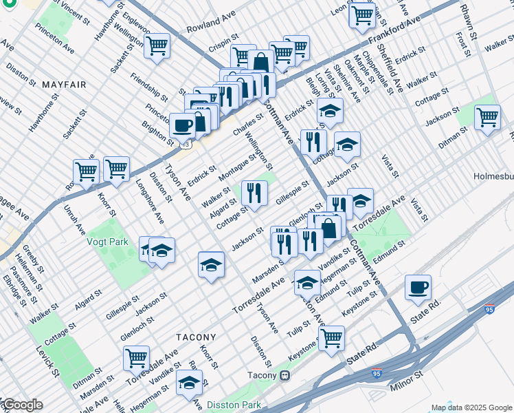 map of restaurants, bars, coffee shops, grocery stores, and more near 7138 Cottage Street in Philadelphia