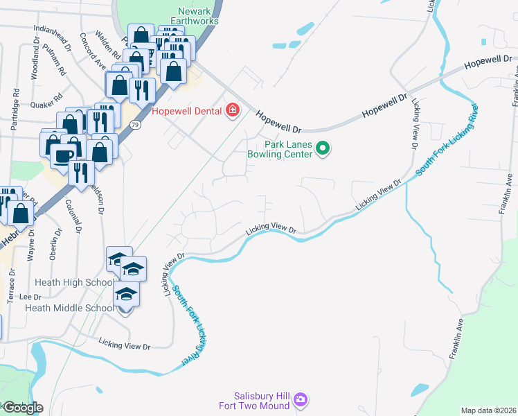 map of restaurants, bars, coffee shops, grocery stores, and more near 534 Huron Drive West in Heath