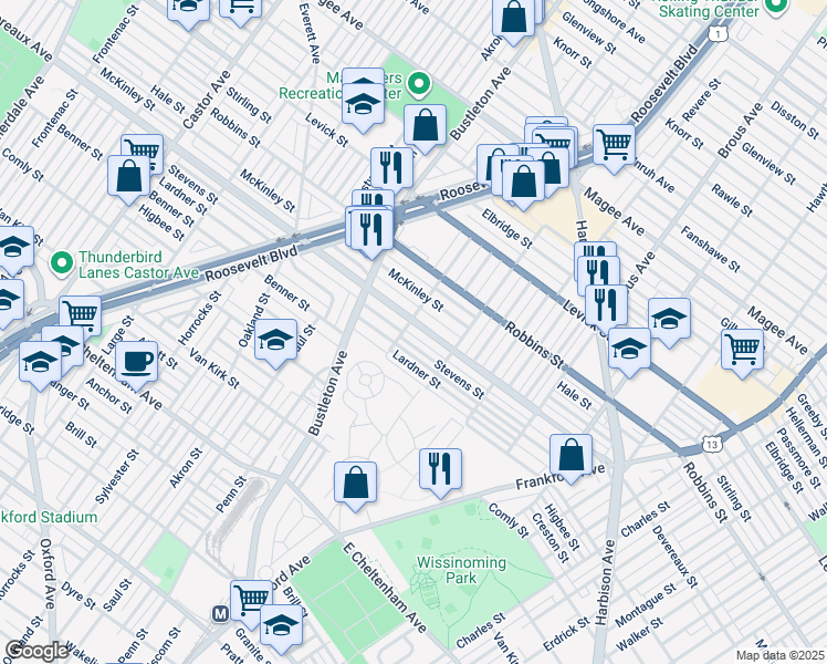 map of restaurants, bars, coffee shops, grocery stores, and more near 2108 Devereaux Avenue in Philadelphia