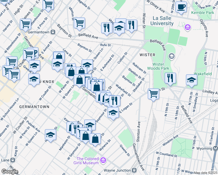 map of restaurants, bars, coffee shops, grocery stores, and more near 73 East Wister Street in Philadelphia