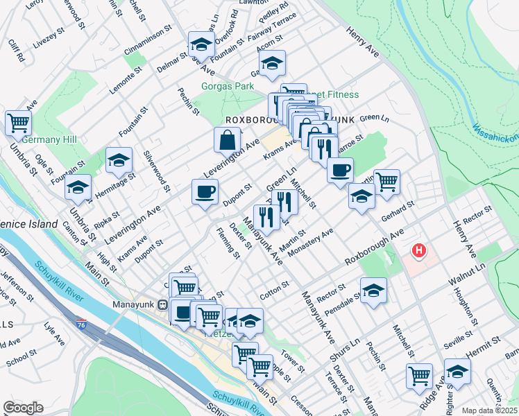 map of restaurants, bars, coffee shops, grocery stores, and more near 375 Green Lane in Philadelphia