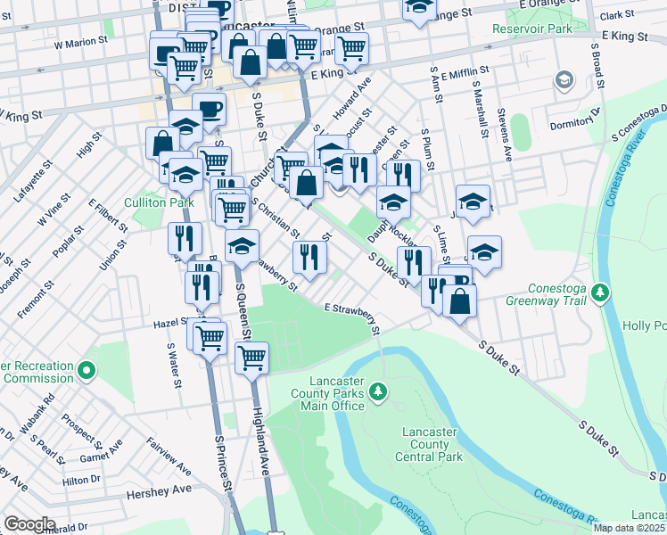 map of restaurants, bars, coffee shops, grocery stores, and more near 501 Woodward Street in Lancaster