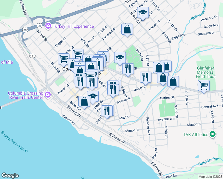 map of restaurants, bars, coffee shops, grocery stores, and more near 139 South 4th Street in Columbia