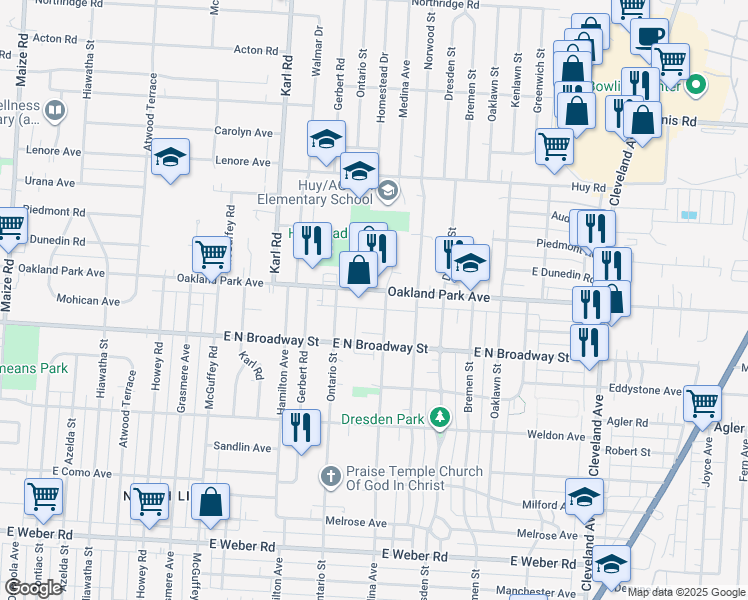 map of restaurants, bars, coffee shops, grocery stores, and more near 1465 Oakland Park Avenue in Columbus
