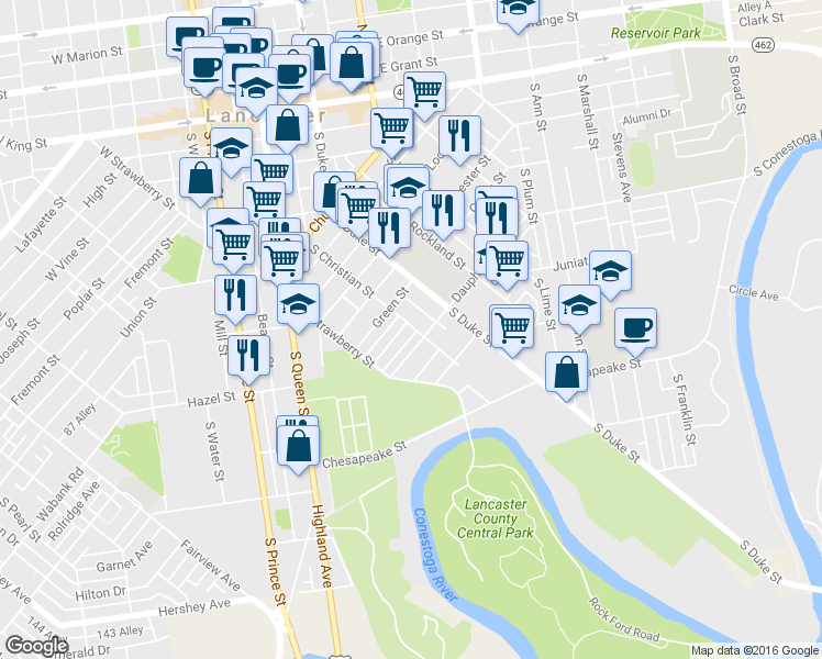 map of restaurants, bars, coffee shops, grocery stores, and more near 501 Woodward Street in Lancaster