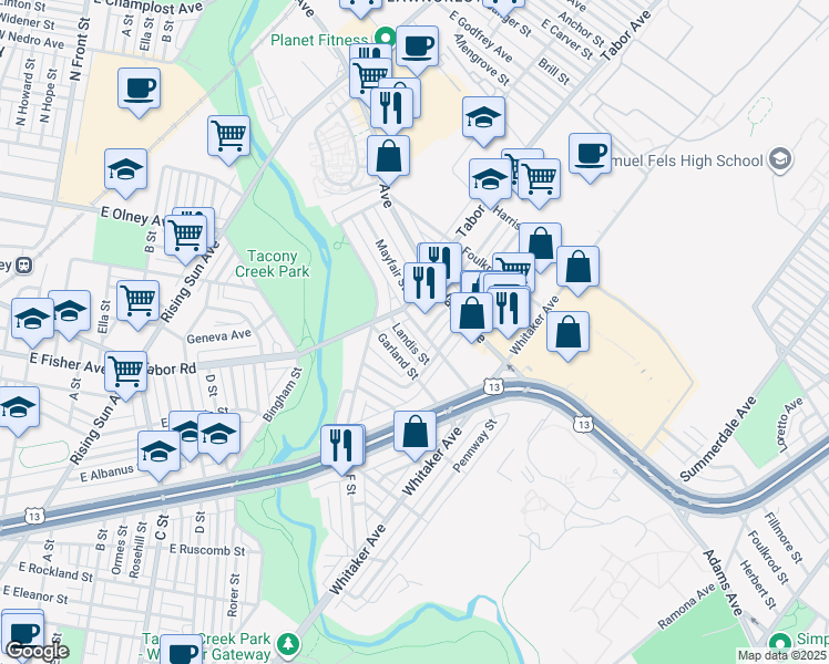 map of restaurants, bars, coffee shops, grocery stores, and more near 718 Mayfair Street in Philadelphia