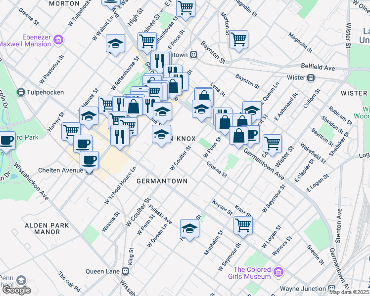 map of restaurants, bars, coffee shops, grocery stores, and more near 5400 Greene Street in Philadelphia