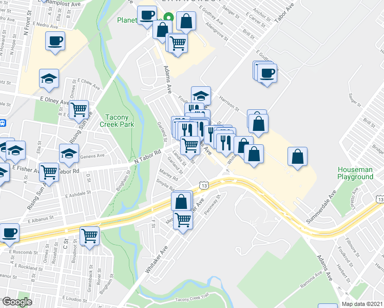 map of restaurants, bars, coffee shops, grocery stores, and more near 5241 Howland Street in Philadelphia