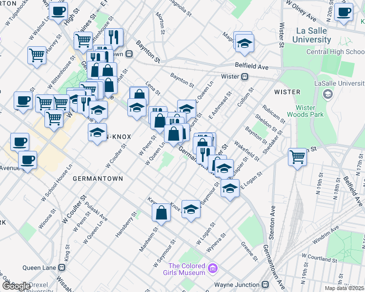 map of restaurants, bars, coffee shops, grocery stores, and more near 5213 Germantown Avenue in Philadelphia