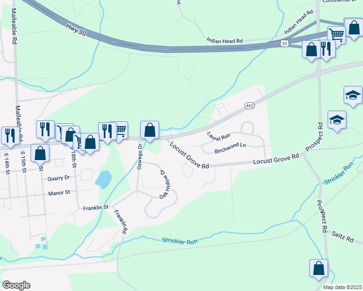 map of restaurants, bars, coffee shops, grocery stores, and more near 3985 Locust Grove Road in Columbia