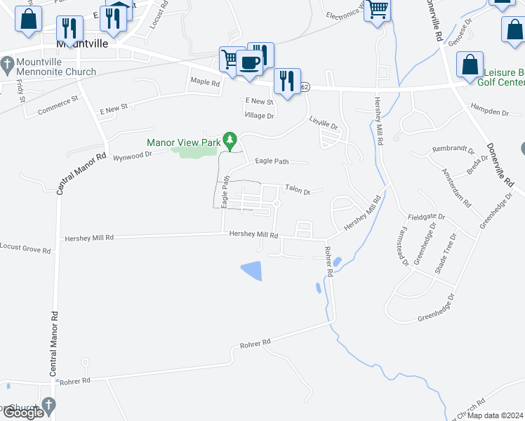 map of restaurants, bars, coffee shops, grocery stores, and more near 113 Henley Lane in Mountville